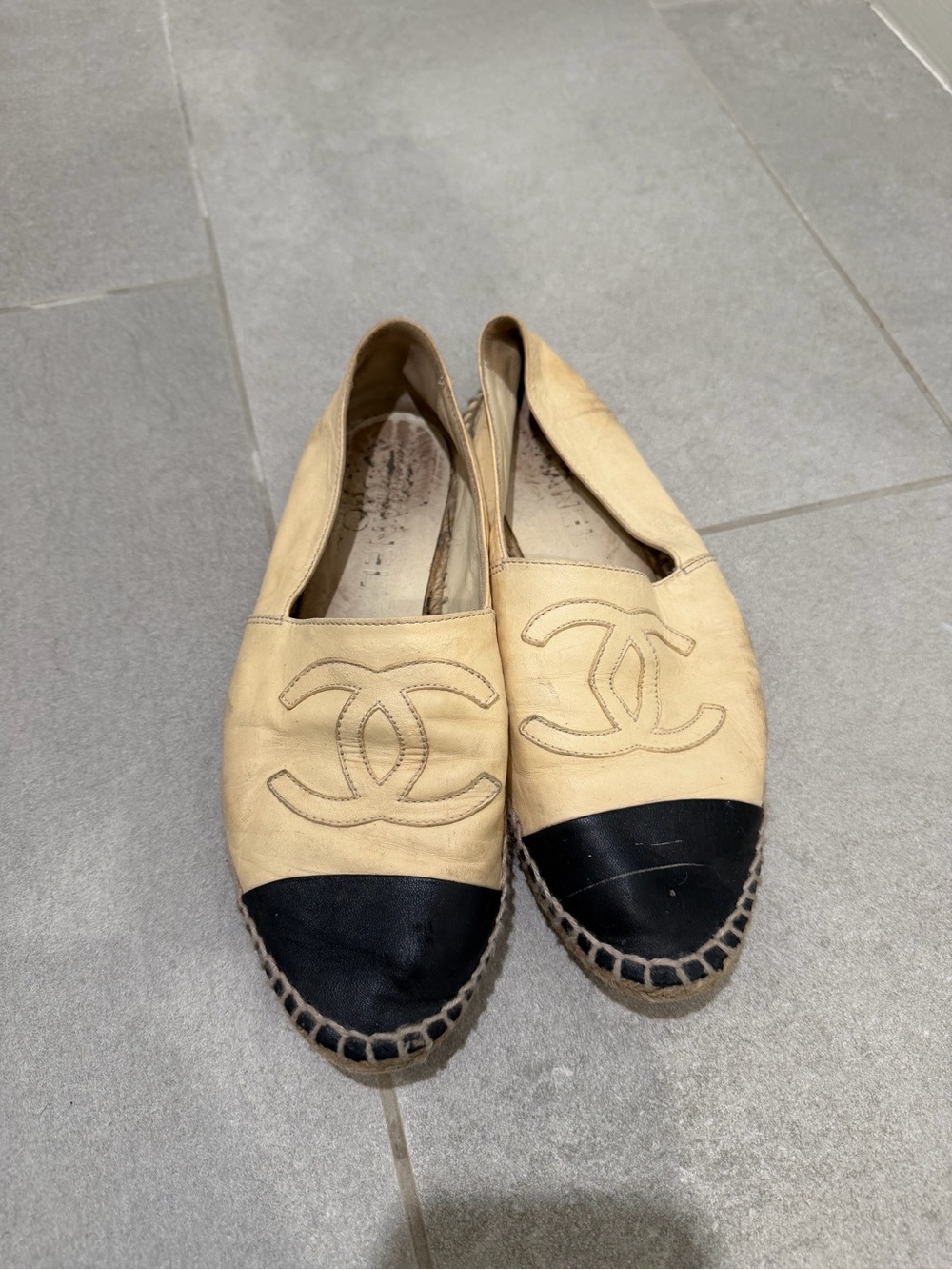 CHANEL Beige and Black Leather Espadrilles with CC Logo